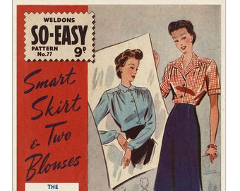 1940s Smart Skirt and Two Blouses PDF Sewing Pattern Bust 36