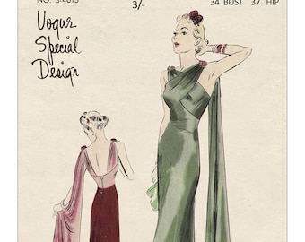 1930&#39;s Stylish Evening Gown  Ready Printed Sewing Pattern Bust 34