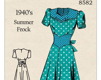 May include: Vintage sewing pattern for a 1940s summer frock. The teal dress features white polka dots, a contrasting blue bodice, and a bow at the waist. Includes a line drawing of the dress and the text "Retro Sewing" and "34 Bust".
