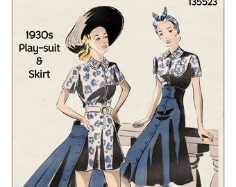 1940s Playsuit and Swing Skirt PDF Sewing Pattern Bust 36