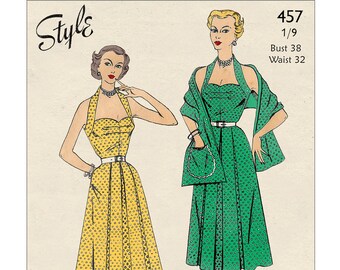 May include: A vintage sewing pattern illustration featuring two women wearing polka dot dresses. The dress on the left is yellow and the dress on the right is green. The pattern number is 457, size 1/9, bust 38 inches, waist 32 inches. The text "Style" is written in a decorative font at the top of the image.