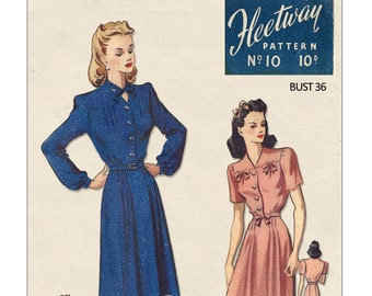 1940's Wartime Tie Neck Tea Dress PDF Sewing Pattern Bust 36