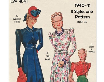 1940's Wartime Tea Frock, Skirt and Blouse PDF Sewing Pattern