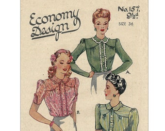1940s Wartime Pretty Yoked Blouse PDF Sewing Pattern Bust 36