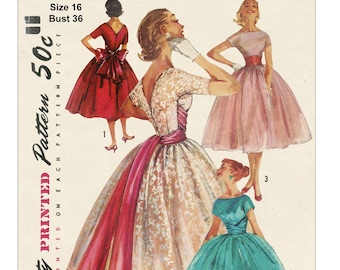 1950s Tea length V back Party Dress PDF Print at Home Sewing Pattern