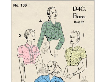 1940's Stylish Blouse Multi Design PDF Sewing Pattern Bust 32