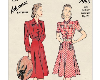 1940s Shirt Waist Dress Sewing Pattern -  PDF Print at Home Pattern