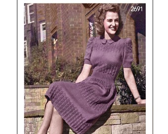 1940's Pretty Puff Sleeve Dress PDF Knitting Pattern Bust 32-34