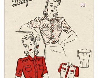 May include: Vintage sewing pattern for a blouse with short sleeves and a button-up front. The pattern is from Economy Design and is numbered 144. The pattern includes instructions for making a red blouse and a white blouse with red trim. The pattern is for size 32.
