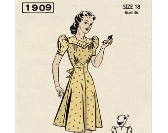 1940's Wartime Yoke Front Tea dress PDF Sewing Pattern Bust 36