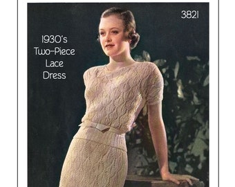 Vestido de encaje de dos piezas de la década de 1930 PDF Patrón de punto vintage