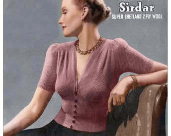 1940s Wartime V Neck Jumper PDF Knitting Pattern Bust 33-34