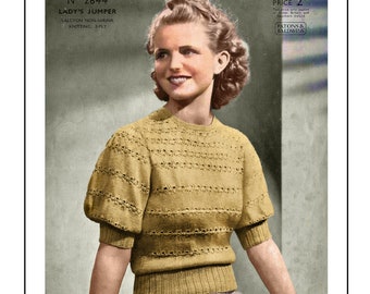 1930's Ladies Pretty Puff Sleeve Jumper PDF Knitting Pattern