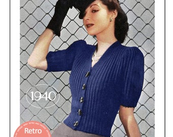 1940's Stylish Wartime Puff Sleeve Cardigan PDF Knitting Pattern Bust 33-35