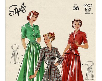 1940s Shirt Dress with or without Peplum PDF Sewing Pattern Bust 36