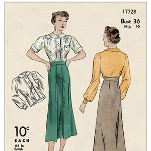 1930s Skirt and Tuck-in Blouse PDF Sewing Pattern Bust 36