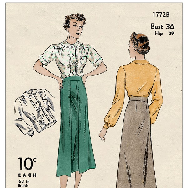 1930s Skirt and Tuck-in Blouse PDF Sewing Pattern Bust 36