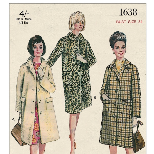 1960s Simple Classic Coat PDF Print at Home Sewing Pattern Bust 34