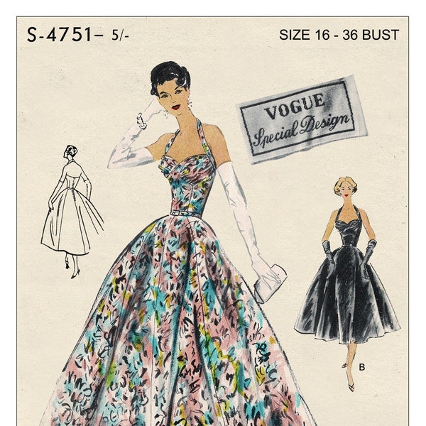 Robe de soirée Halter des années 1950 PDF Imprimer à la maison Patron de couture Buste 36