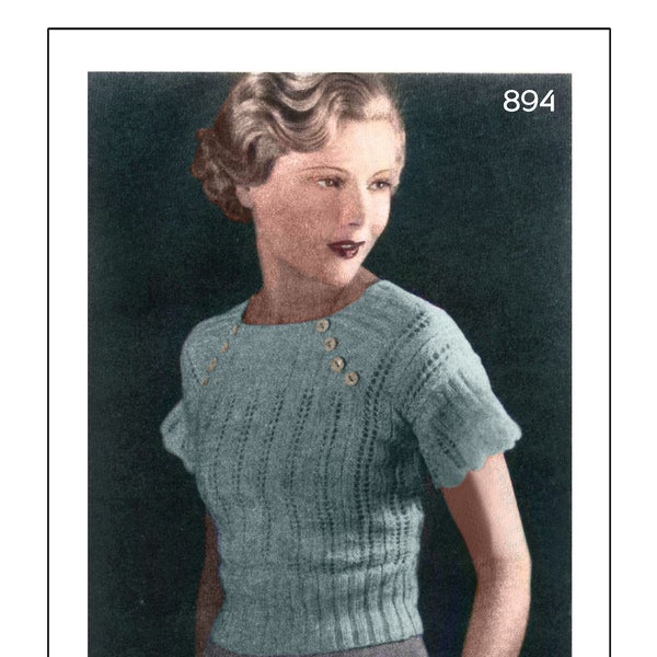 1930s Pretty Flared Sleeve Jumper PDF Knitting Pattern - Bust 34