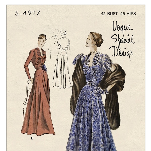 1940s Glamorous One-Piece Evening Gown PDF Sewing Pattern Bust 42