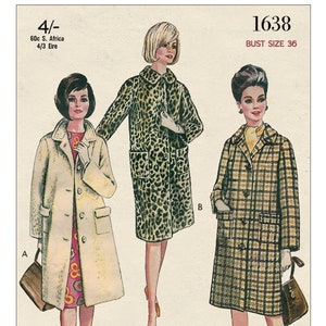 May include: Vintage sewing pattern for a coat, featuring three different styles: a white coat with a pocket, a leopard print coat, and a plaid coat. The pattern is labeled "1638" and "Bust Size 36".
