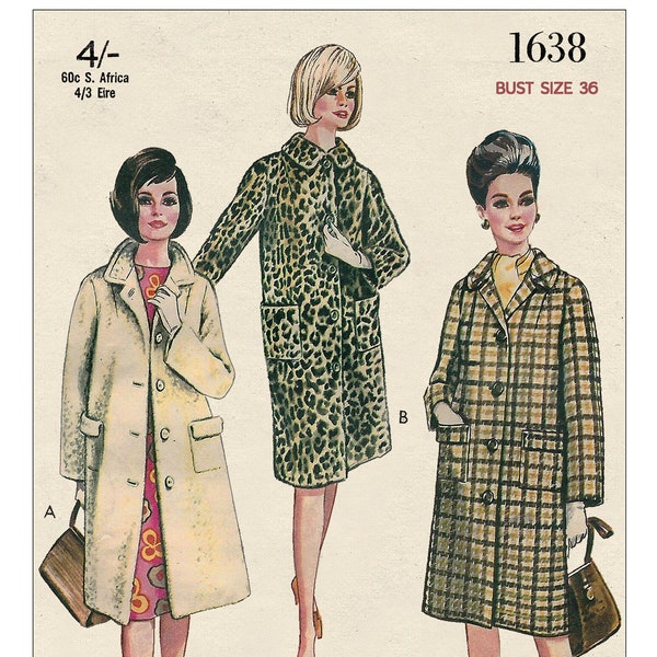 1960s Simple Classic Coat PDF Print Sewing Pattern Bust 36