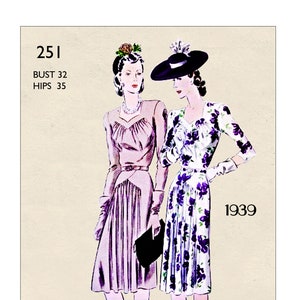 May include: A vintage Vogue Couturier Design pattern from 1939 for a dress with a bust measurement of 32 inches and hips of 35 inches. The pattern features two women wearing dresses with floral prints.