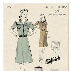 1940s Dress in Two Styles PDF Print at Home Sewing Pattern Bust 34