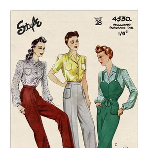 May include: A vintage sewing pattern for dungarees and slacks. The pattern includes three different styles: a pair of red slacks, a pair of light grey slacks, and a pair of green dungarees. The pattern is from the 1940s and features a retro style.
