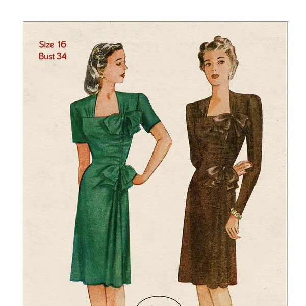 1940s Dinner or Cocktail Dress PDF Sewing Pattern Bust 34