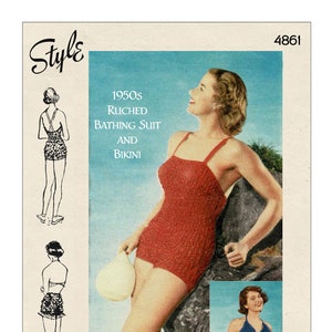May include: Vintage sewing pattern for a 1950s bathing suit and bikini. The pattern is for a bust size of 36-38 inches. The pattern is illustrated with a woman wearing a red bathing suit and a woman wearing a blue bikini.