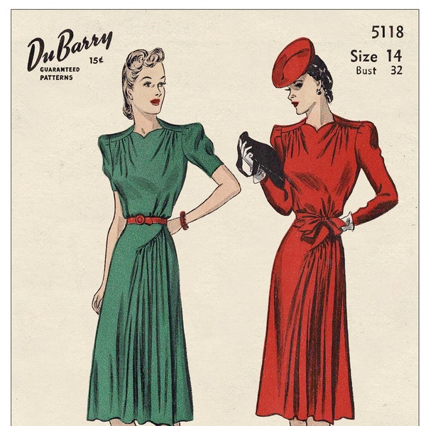 1940s Stylish Cocktail Dress PDF Sewing Pattern Bust 32