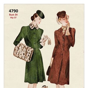 May include: Vintage sewing pattern for a coat with a button-up front and a collar. The pattern is for a bust size of 34 inches and a hip size of 37 inches. The pattern is printed on paper and includes instructions for sewing the coat.