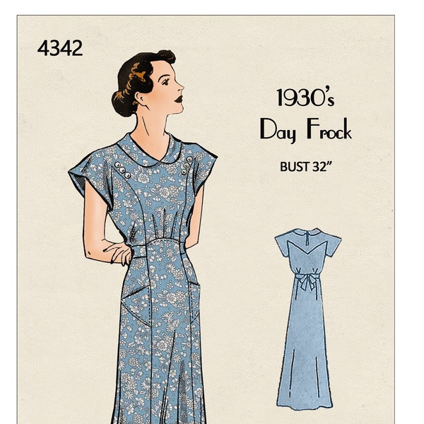 1930s Casual Tea Dress with Pockets PDF Sewing Pattern Bust 32