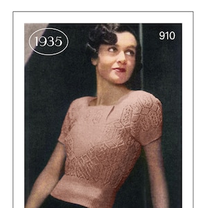 1930s Pretty Jumper with a Moss Stitch Vest PDF Knitting Pattern Bust 33