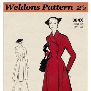 May include: A vintage sewing pattern for a red double-breasted coat with a collar. The pattern is for size 42 bust and 46 hips. The pattern is from Weldons Pattern 2'3, 384X.