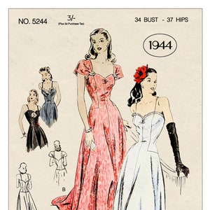 1940s Pretty Wartime Evening Dress PDF Print at Home Pattern Bust 34