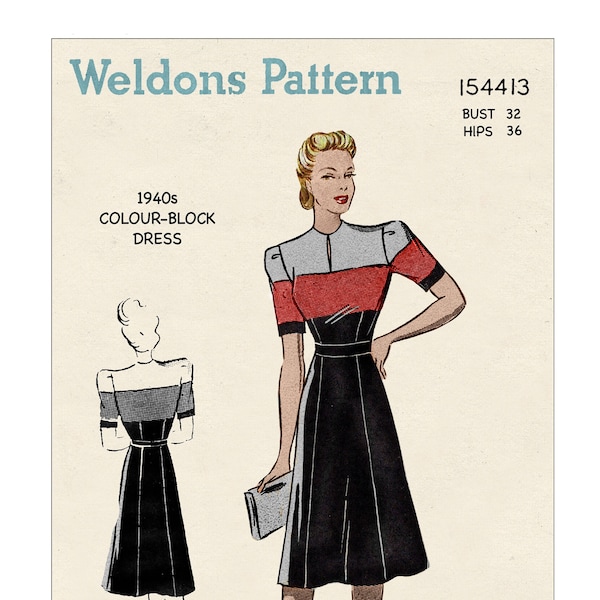 1940s Colour Block Dress PDF Sewing Pattern Bust 32