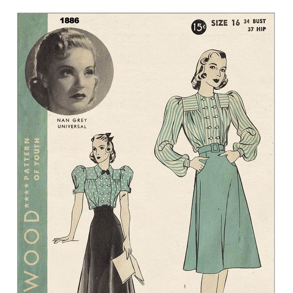 1930s Skirt and Blouse PDF Print at Home Pattern Bust 34
