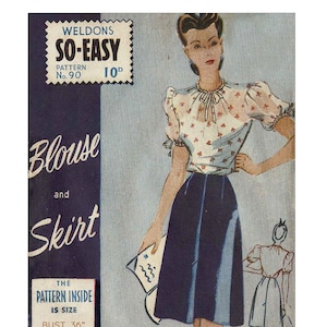 1940s Easy Skirt and Blouse PDF Print at Home Sewing Pattern Bust 36