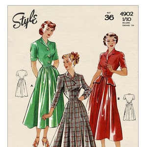 1940s Shirt Dress with or without Peplum PDF Sewing Pattern Bust 36