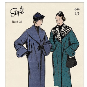 Puede incluir: Patrón de costura vintage para un abrigo con cuello de piel. El patrón es para una talla de pecho de 91 cm. El patrón es de la década de 1950 y está en el estilo de la época. El patrón es para un patrón para imprimir en casa.