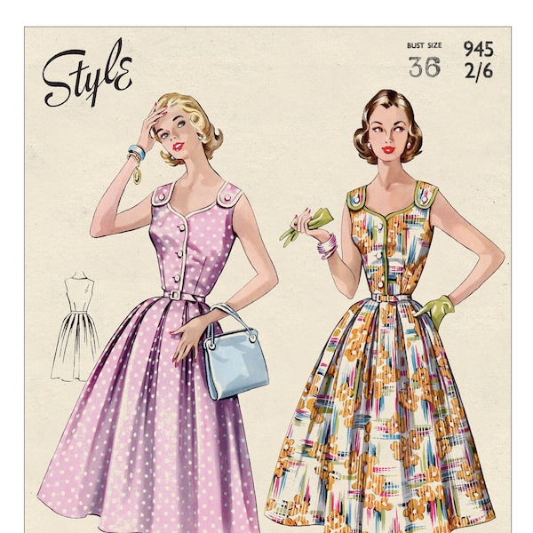 1950s Pretty Sun Dress PDF Sewing Pattern Bust 36