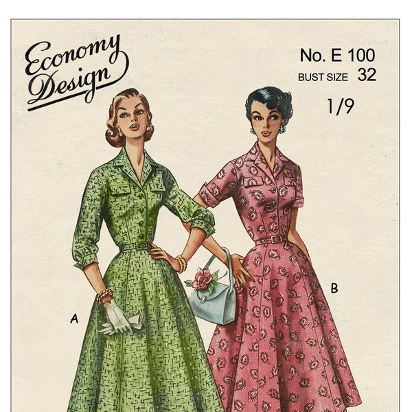 Robe chemise décontractée des années 1950 PDF Imprimer à la maison Patron de couture Buste 32