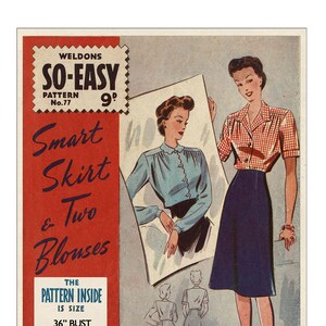 May include: A vintage sewing pattern for a skirt and two blouses. The pattern is called "So-Easy" and is size 36 inches bust. The pattern is on sale and includes sizes 32-34, 36, 36-38, and 40. The pattern is illustrated with two women wearing the skirt and blouses.