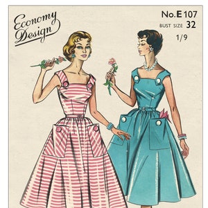 1950's Rockabilly Style Summer Dress PDF Sewing Pattern Bust 32