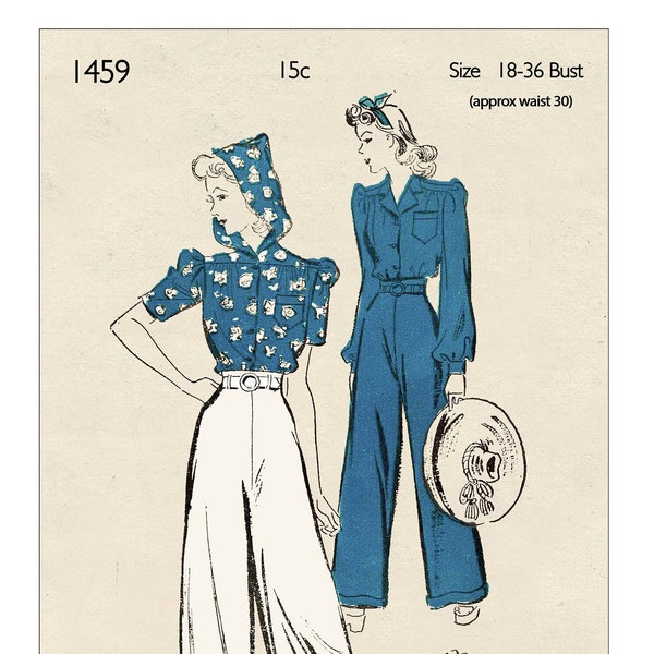 1940s Hooded Blouse and Hepburn Trousers PDF Sewing Pattern Waist 30