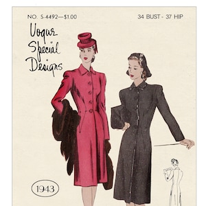 May include: Vintage sewing pattern for a 1940s dress with a fitted bodice and a full skirt. The pattern is for a size 34 bust and 37 hip. The pattern is from Vogue Special Designs and is dated 1943.