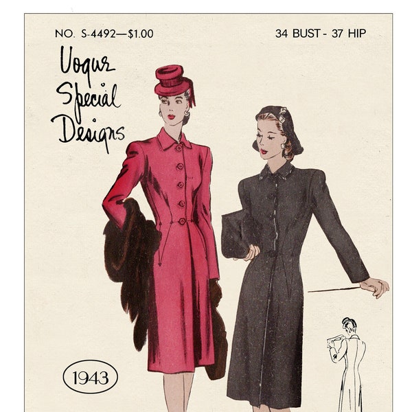 1940s Stylish Fitted Coat PDF Sewing Pattern Bust 34